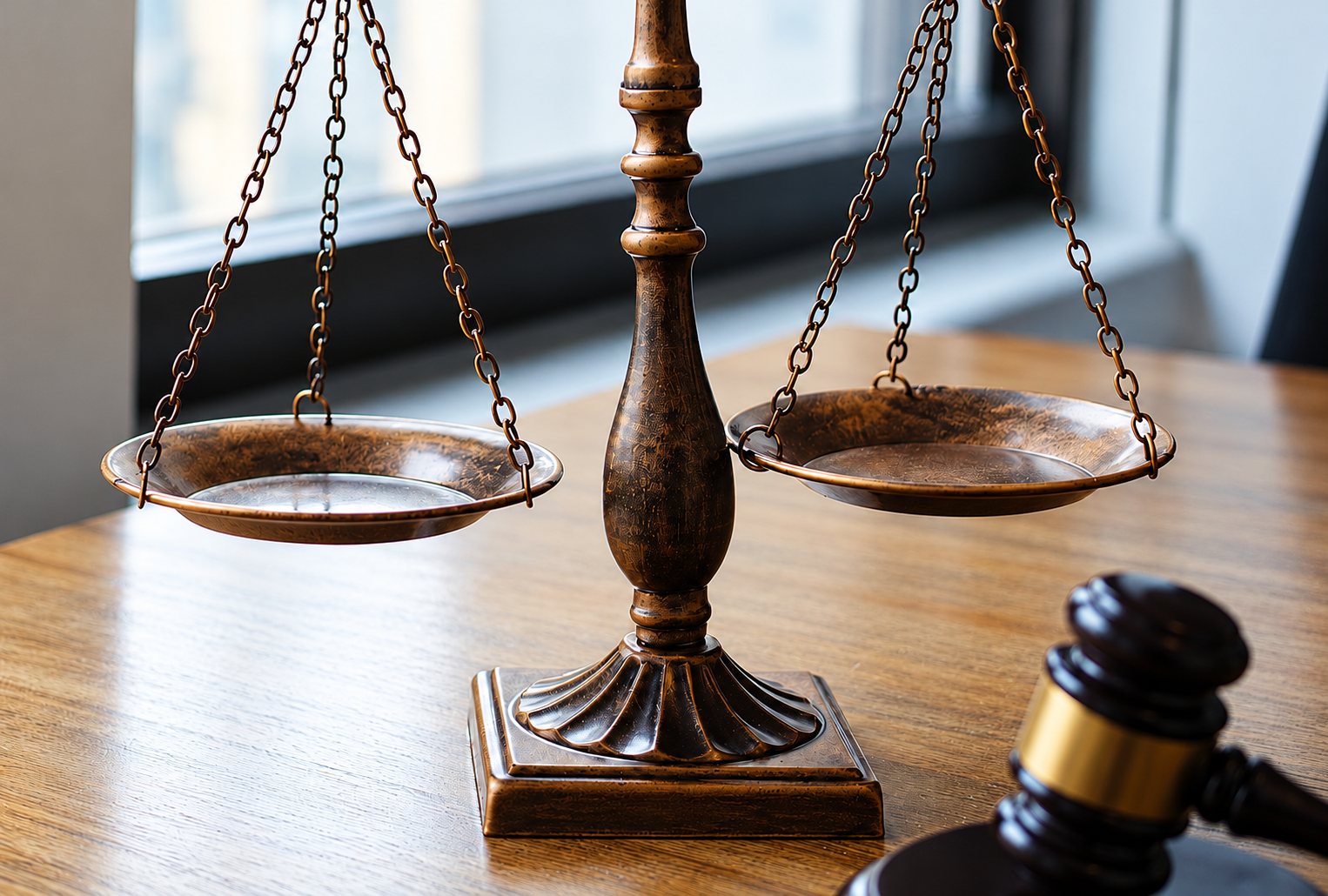 Une balance de la justice ancienne en bronze posée sur un bureau en bois, avec un marteau de juge au premier plan.