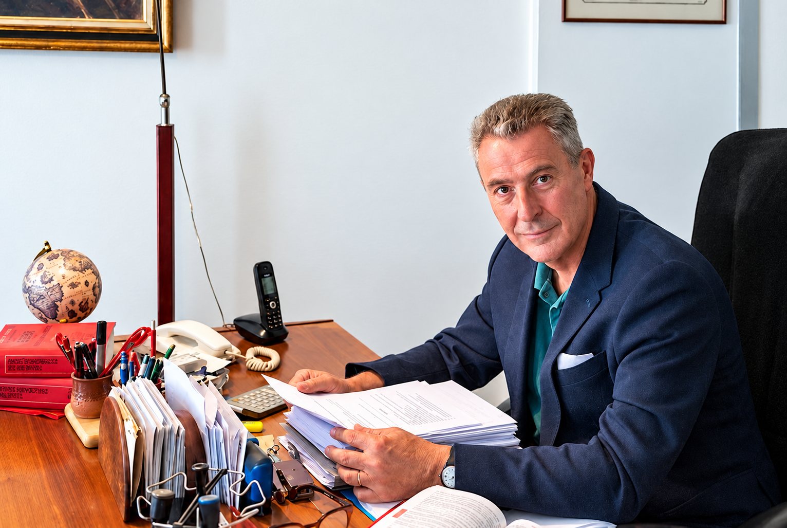 Maître Frédéric Roy, cheveux gris et veste bleu marine, assis à son bureau couvert de dossiers, à côté d’un globe et d’un téléphone.
